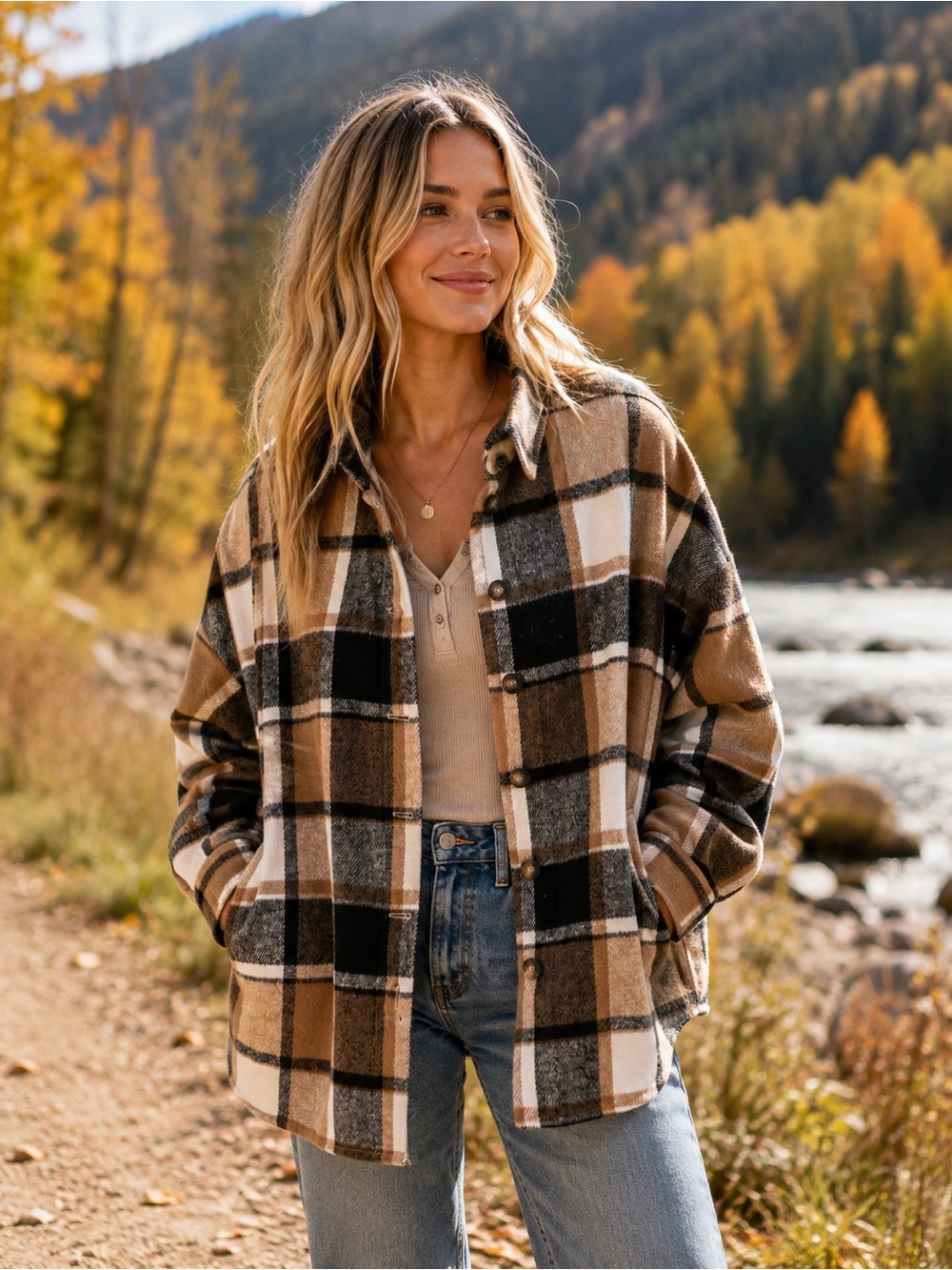 Amazon Plaid Teddy Shacket in Brown, Black & Cream